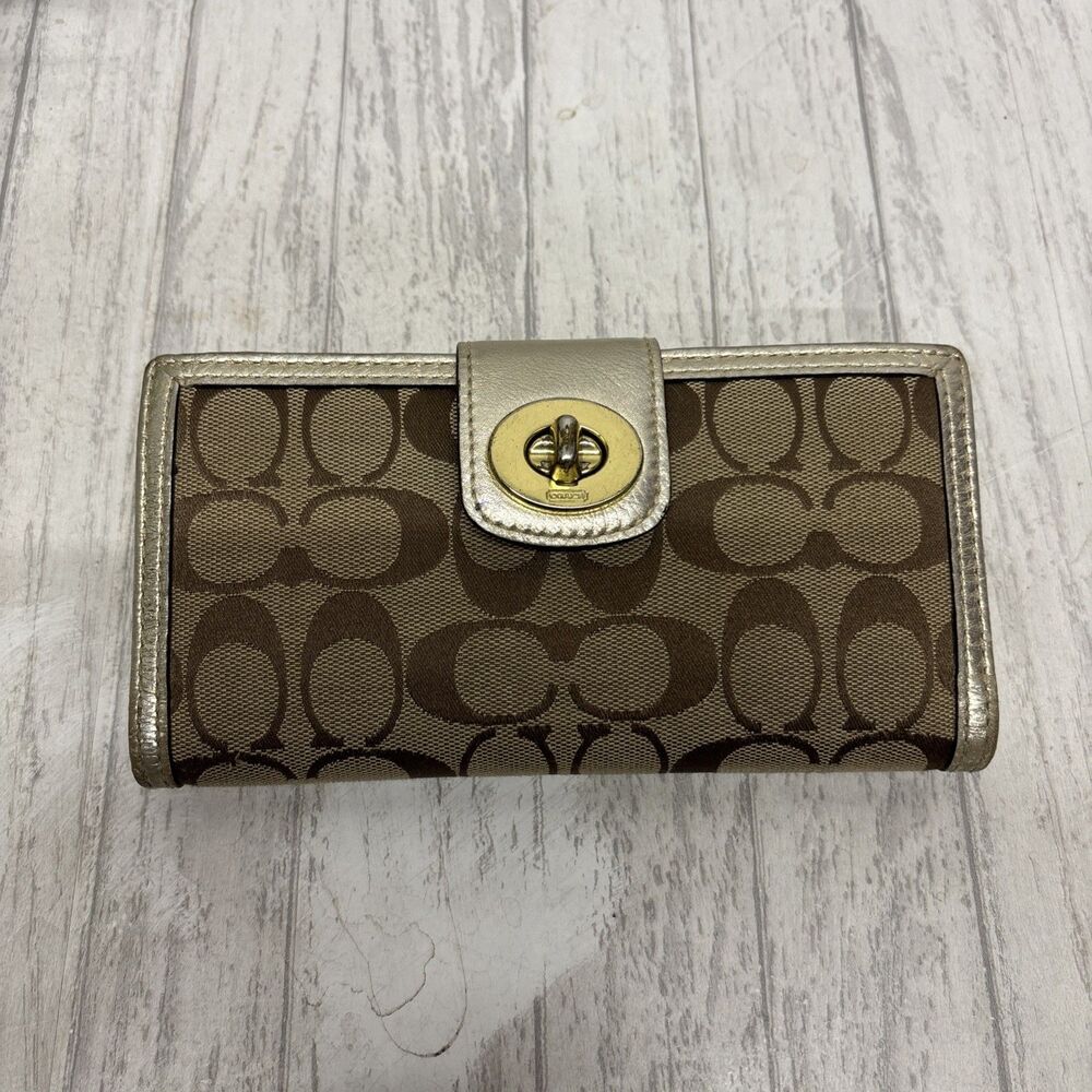 Coach turn lock Signature Brown Tan Gold Wallet With Insert